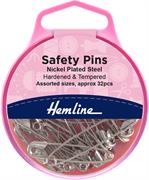 32 safety pins, nickel, assorted sizes